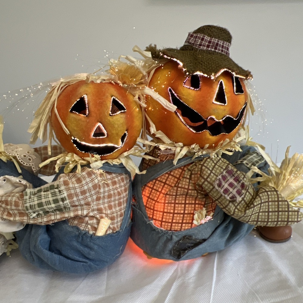 Vtg Gemmy Fiber Optic Lit Pumpkin Scarecrow Couple Halloween Fall Thanksgiving - Picture 8 of 14